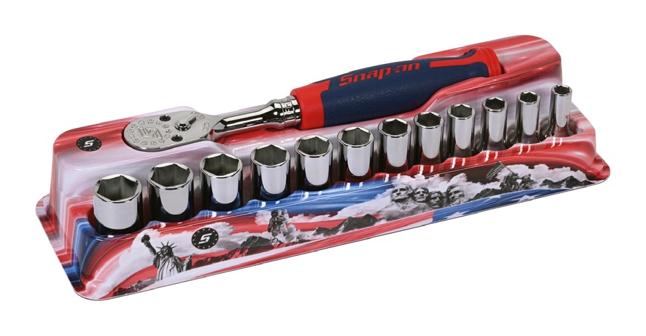 3/8" Flank Drive Set mit halbhohen Steckschlüsseleinsätzen und Ratsche, 13-teilig, Edition 250 Jahre USA - 212FSMS/FHD100AM - Snap-on Werkzeug